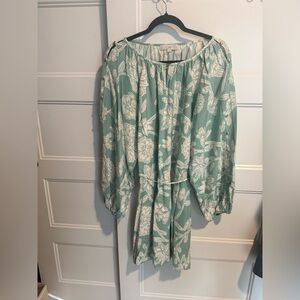 LOFT Seafoam Green and White Floral Dress with Tie Waist